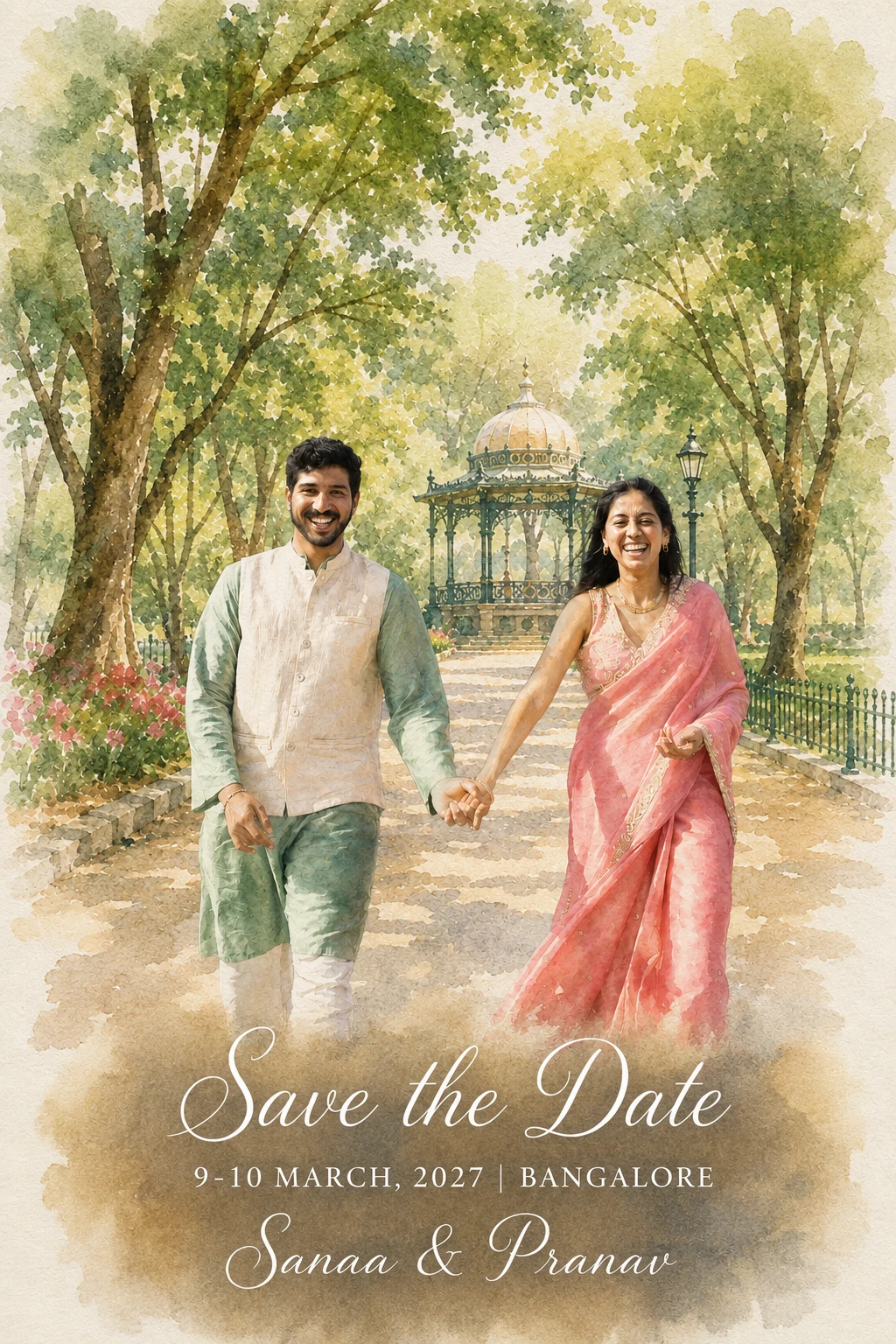 Sanaa and Pranav walking together through a sunlit garden